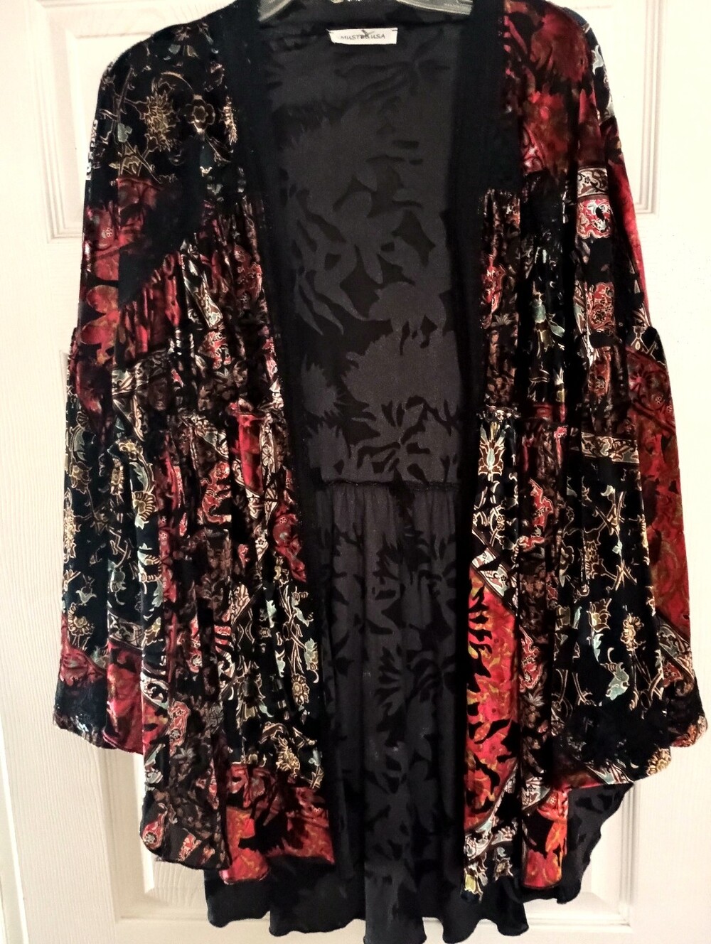 Velvet Patchwork Open Front Cardigan Sweater - Black & Red